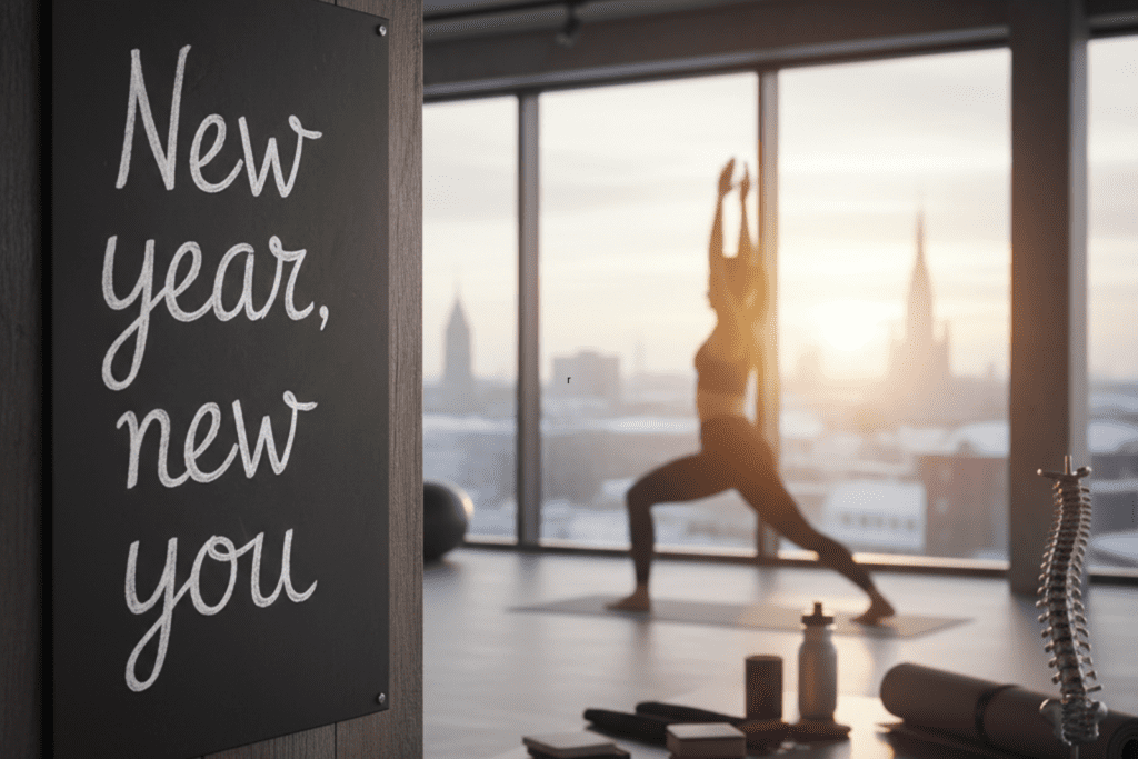 Ein Schild mit der Aufschrift New year, new you in einer Praxis für Chiropraktik, das die Bedeutung der Wirbelsäule und des zentralen Nervensystems für Neujahrsvorsätze symbolisiert.