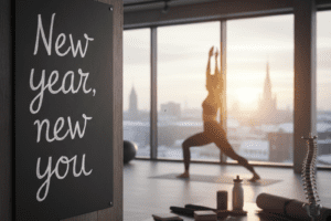 Ein Schild mit der Aufschrift New year, new you in einer Praxis für Chiropraktik, das die Bedeutung der Wirbelsäule und des zentralen Nervensystems für Neujahrsvorsätze symbolisiert.