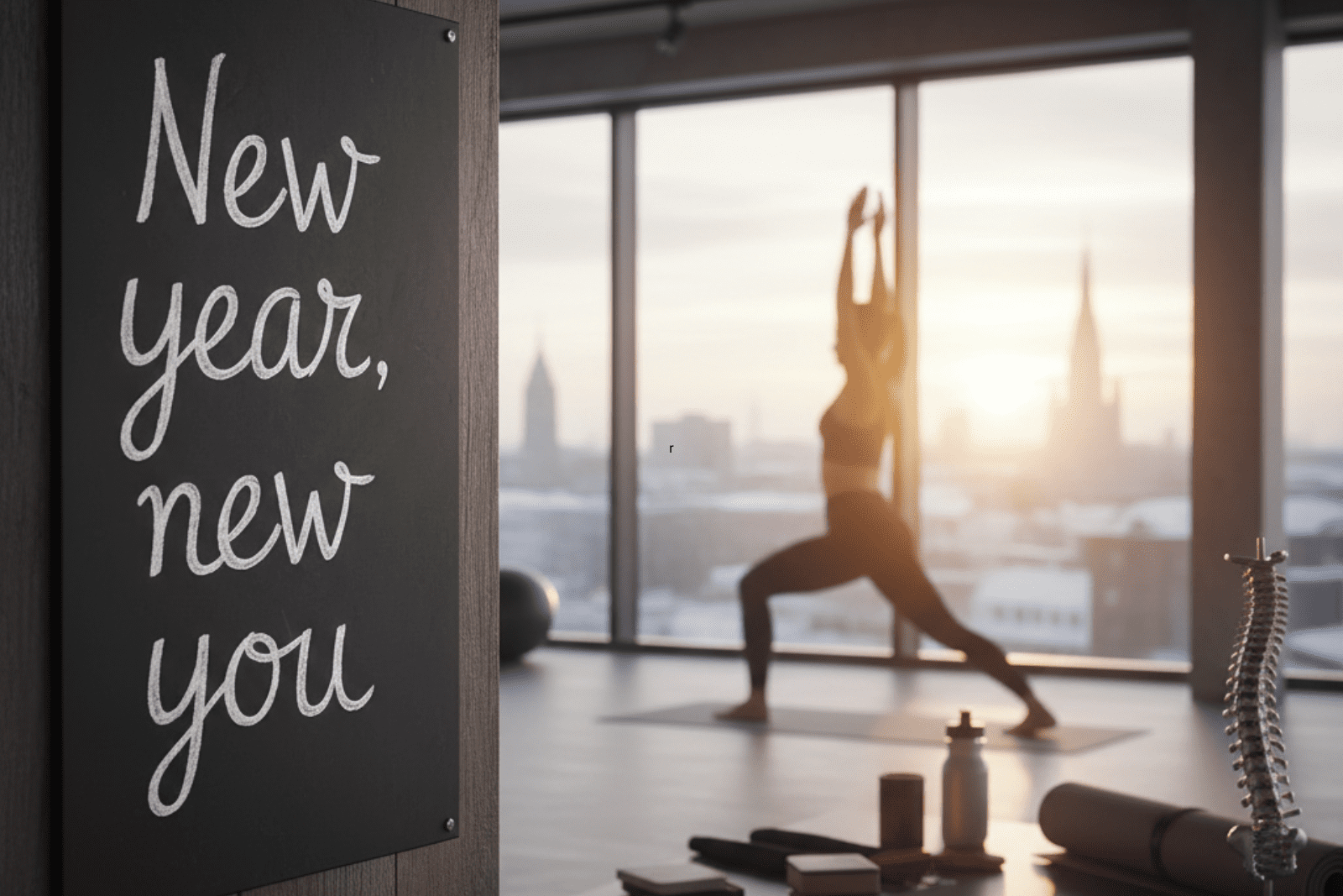 Ein Schild mit der Aufschrift New year, new you in einer Praxis für Chiropraktik, das die Bedeutung der Wirbelsäule und des zentralen Nervensystems für Neujahrsvorsätze symbolisiert.